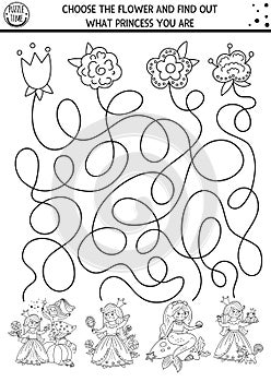 Fairytale black and white maze for kids with cute princesses and flowers. Magic kingdom preschool printable activity or coloring