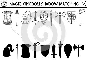 Fairytale black and white shadow matching activity with sward, shield, helmet. Magic kingdom puzzle with knight armor. Find