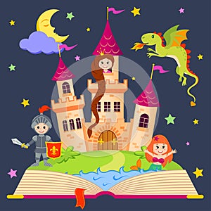 Fairytale book with castle, princess, knight, mermaid, dragon