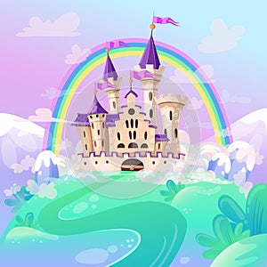 FairyTale cartoon castle. Cute cartoon castle. Fantasy fairy tale palace with rainbow. Vector illustration