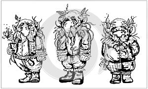 Fairytale cartoon characters, three kind, friendly forest gnome with big noses, from moustache and beard, with small pointed ears