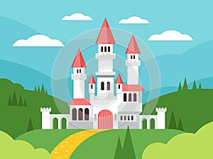 Fairytale cartoon flat landscape with castle. Cute fantasy palace with towers, fantasy fairy house. Old medieval stone