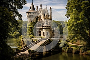 Fairytale castle atop a lush green hill, surrounded by a moat and drawbridge. Generative AI