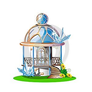 Fairytale castle with a blue domed roof, a balcony and crystals photo