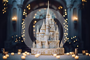 Fairytale Castle Cake With Turrets And Fairy Lights Wedding Cake On A Table In A Decorated Room