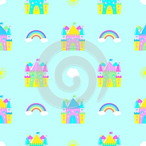 Fairytale castle, clouds, sun rainbow seamless pattern