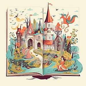 Fairytale castle drawn in opened book. Magic world on the hill near lake, flying birds around, girls, unicorn. Oil