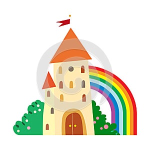 Fairytale castle with fruit trees and a rainbow.