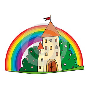 Fairytale castle with fruit trees and a rainbow.