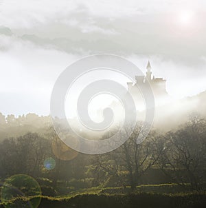 Fairytale castle in mist