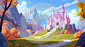 Fairytale castle in mountain valley with pink towers, green grass, leaves and rocks in fall landscape.