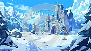 A fairytale castle near rocky mountains in winter under snow. A cartoon ancient palace with gate, towers, and flag at