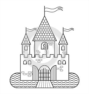 Fairytale Castle With A Princess, With Three Towers, With Flags, Gates, A Moat, Drawbridge. Outline Vector Image For Children`s