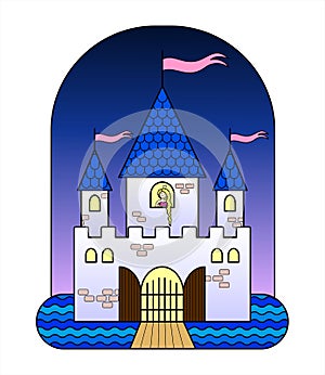 Fairytale Castle With Three Towers, With a Princess, With Flags, Gates, Moat, Drawbridge. Fairytale Castle For Girls. A Sad