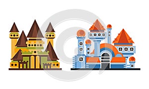Fairytale Castle Towers Set, Ancient Mansion Facades Cartoon Vector Illustration on White Background