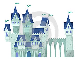 Fairytale castle with towers and stone bridge in cartoon style