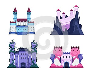 Fairytale castles. Cartoon medieval historic fortress with towers, stone walls and wooden gate, old kingdom palace