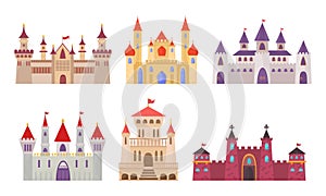 Fairytale castles. medieval buildings fortress fantasy gothic architecture towers for kings and queens. vector castles