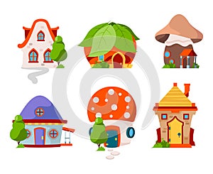 Fairytale castles. Wooden magic buildings fantasy village cottage vector cartoon houses