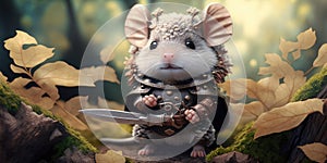 Fairytale character design warrior mouse in medieval armor suit