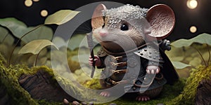 Fairytale character design warrior mouse in medieval armor suit