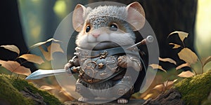 Fairytale character design warrior mouse in medieval armor suit