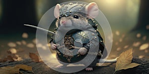 Fairytale character design warrior mouse in medieval armor suit