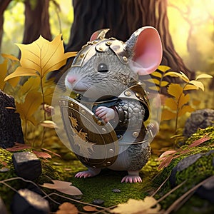 Fairytale character design warrior mouse in medieval armor suit