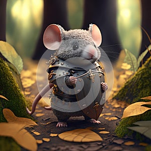 Fairytale character design warrior mouse in medieval armor suit