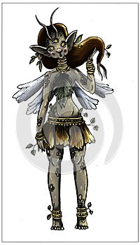 Fairytale character, magic creature, tender forest earthen fairy with long loose hair and big pointed ears, with leaves, antennae