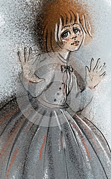 Fairytale character of redhead doll-like girl with huge green eyes in gray dress shows opened palms with coquette sight.