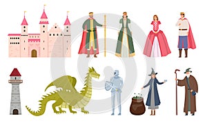 Fairytale characters. Cartoon medieval prince and princess, dragon, knight, witch and wizard. Magic royal castle, queen