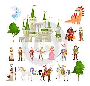 Fairytale characters. Fantasy medieval magic dragon, unicorn, princes and king, royal castle and knight vector set