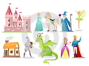 Fairytale characters flat vector illustrations set. Brave knight fighting with dragon. Magic fairy and wizard. Cartoon