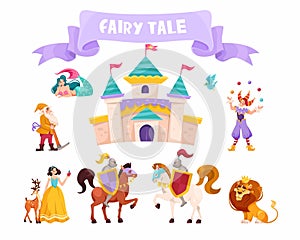Fairytale Characters with Mermaid, Gnome, Jester, Snow White, Knight and Lion King Vector Set