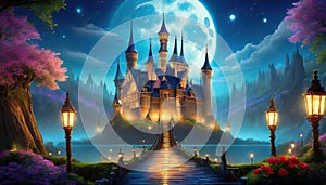 fairytale colorful castle with full moon