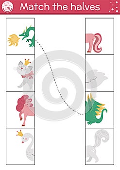 Fairytale connect the halves worksheet.  Matching game for preschool children with fantasy creatures. Match heads and tails
