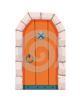 Fairytale door medieval. Element of medieval castle or fortres. Wooden portal with stone arch, forged metal hinges