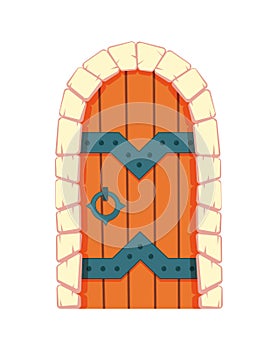 Fairytale door medieval. Element of medieval castle or fortres. Wooden portal with stone arch, forged metal hinges