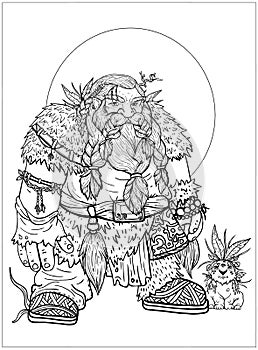 Fairytale dwarf, brave warrior with powerful broad shoulders and large hands, with braided in braids beard and mustaches