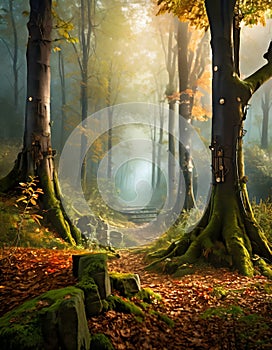 fairytale fantasy autumn forest with path