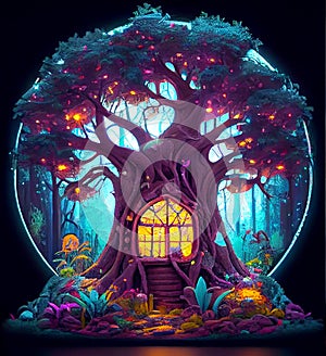 Fairytale fantasy forest with house inside a big tree, ai illustration