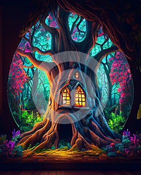 Fairytale fantasy forest with house inside a big tree, ai illustration