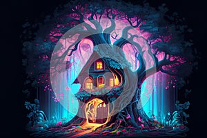 Fairytale fantasy forest with house inside a big tree, ai illustration