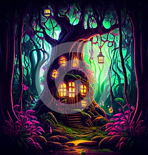 Fairytale fantasy forest with house inside a big tree, ai illustration