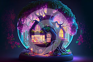 Fairytale fantasy forest with house inside a big tree, ai illustration