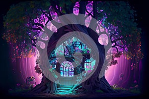 Fairytale fantasy forest with house inside a big tree, ai illustration