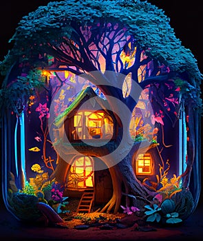 Fairytale fantasy forest with house inside a big tree, ai illustration