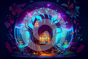 Fairytale fantasy forest with house inside a big tree, ai illustration