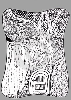 Fairytale fantasy house in tree trunk. Magical hand drawn illustration. Line art for coloring book or card